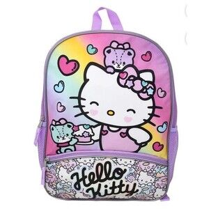 Hello Kitty Backpack 16" Sanrio Zipper Pocket Teddy Bears Hearts Cupcake Sparkle